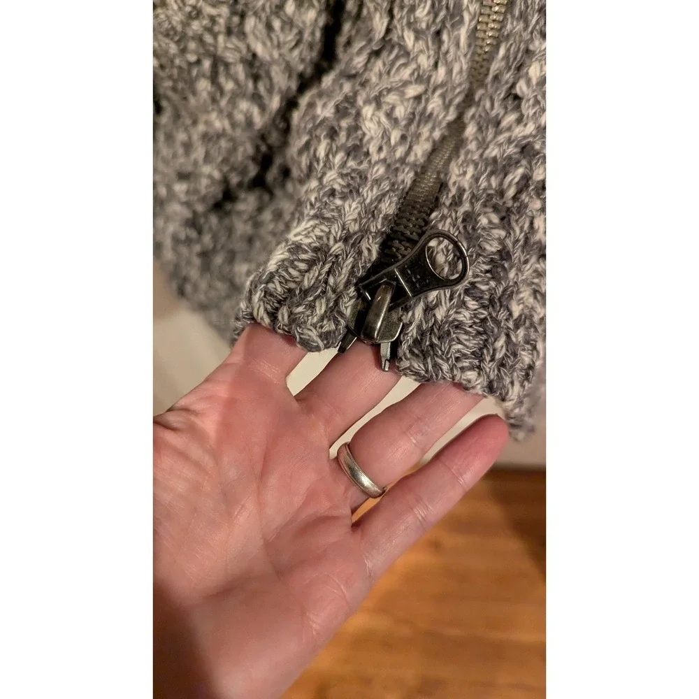 Free People Oversized Knit Hooded Cardigan Sweater Gray White Open Weave‎